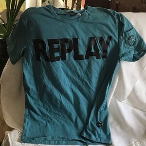 Replay Teal Shirt with Bold Black Lettering
